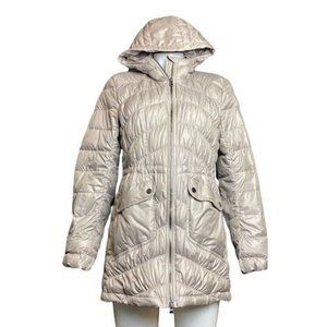 Athleta Uptown Down Jacket M‎ Taupe Purple Gray Hooded Goose Quilted